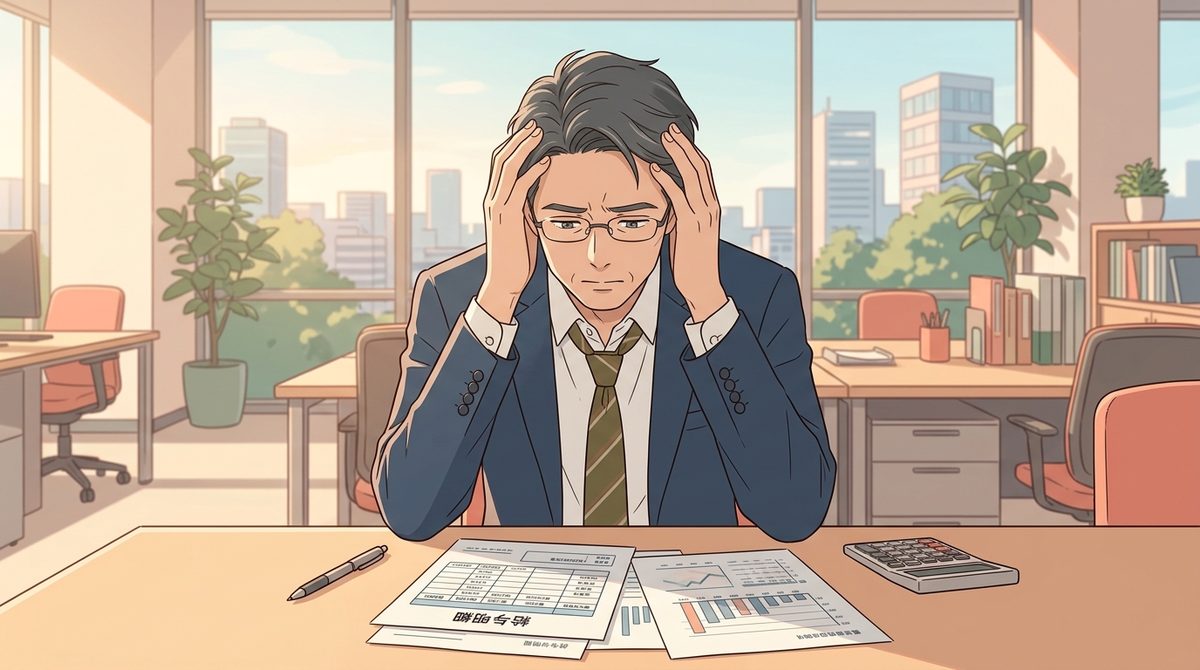 ケース②ビジュアル: 給与明細を見ながら頭を抱える経営者