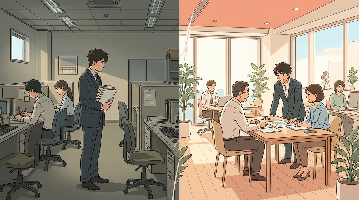 挿絵04: C社のBefore/After図解 — 「採用すれば終わり」だった会社が、定着の仕組みで変わった